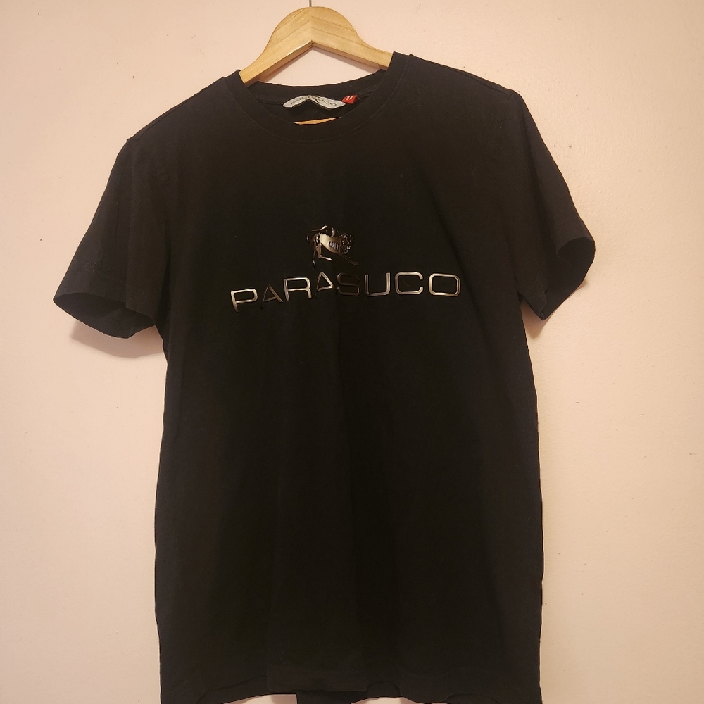 Parasuco Mens Black Metallic 3D Logo Cotton Short Sleeve Tee Y2K Streetwear M